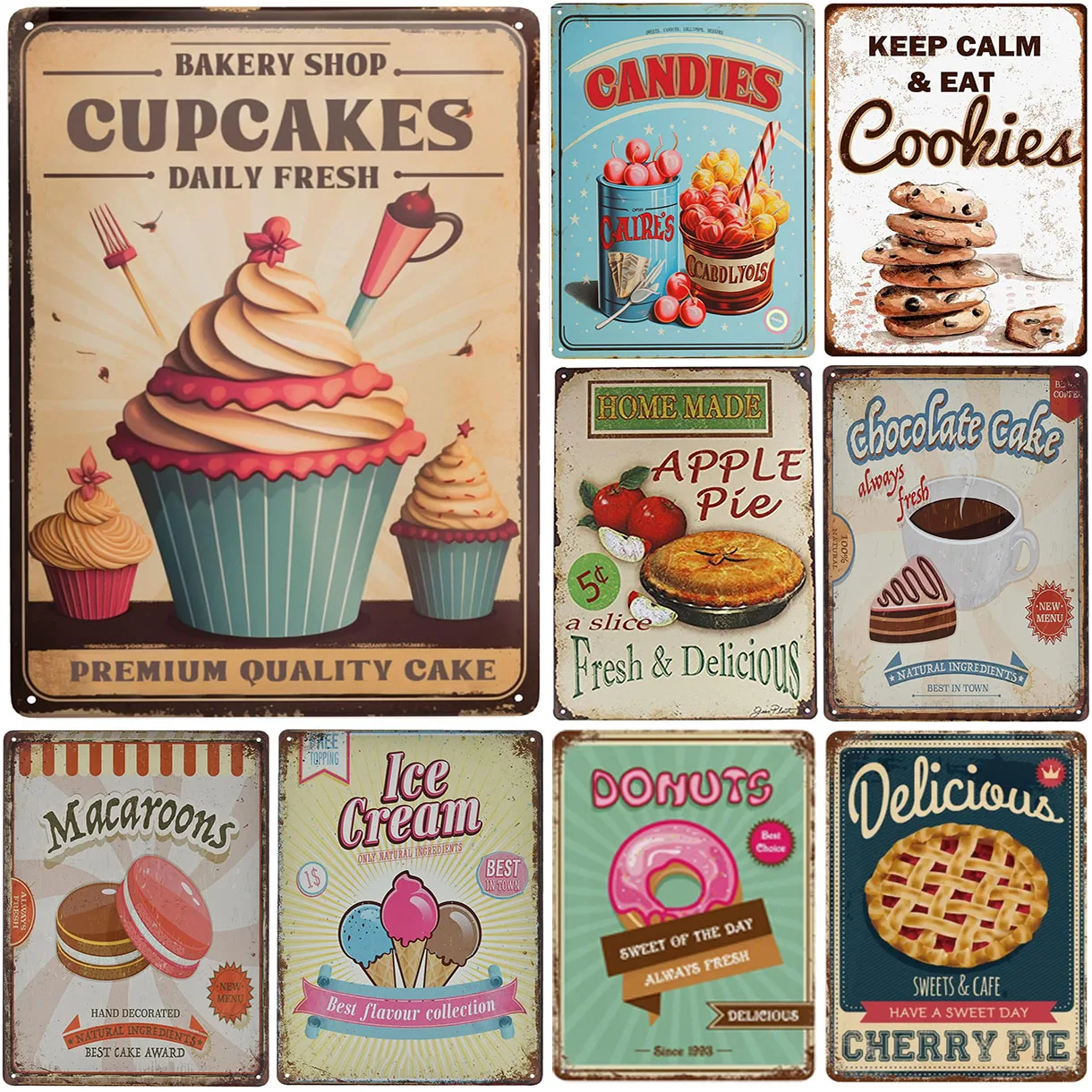 Kitchen Set Bakery - HDブリキ看板 ヴィンテージベーカリーデザートテーマ ウォールデコレーションセット - レトロカップケーキアイスクリームドーナツアートメタルブリキ看板 キッチンカフェ装飾用