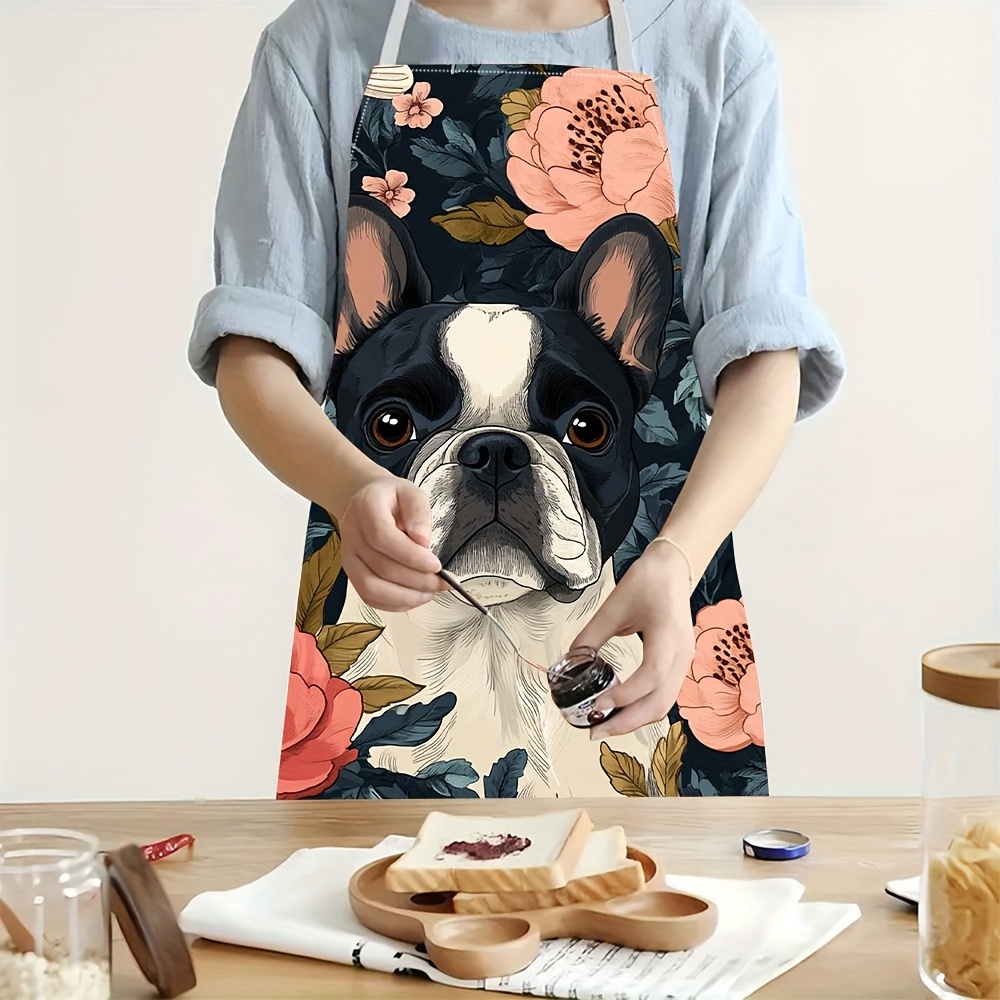 Kitchen Baking Ideas - フレンチブルドッグ柄エプロン - リネン風、可愛い犬柄、家庭料理、ベーキング、キッチン、レストランでの使用、ギフトに最適