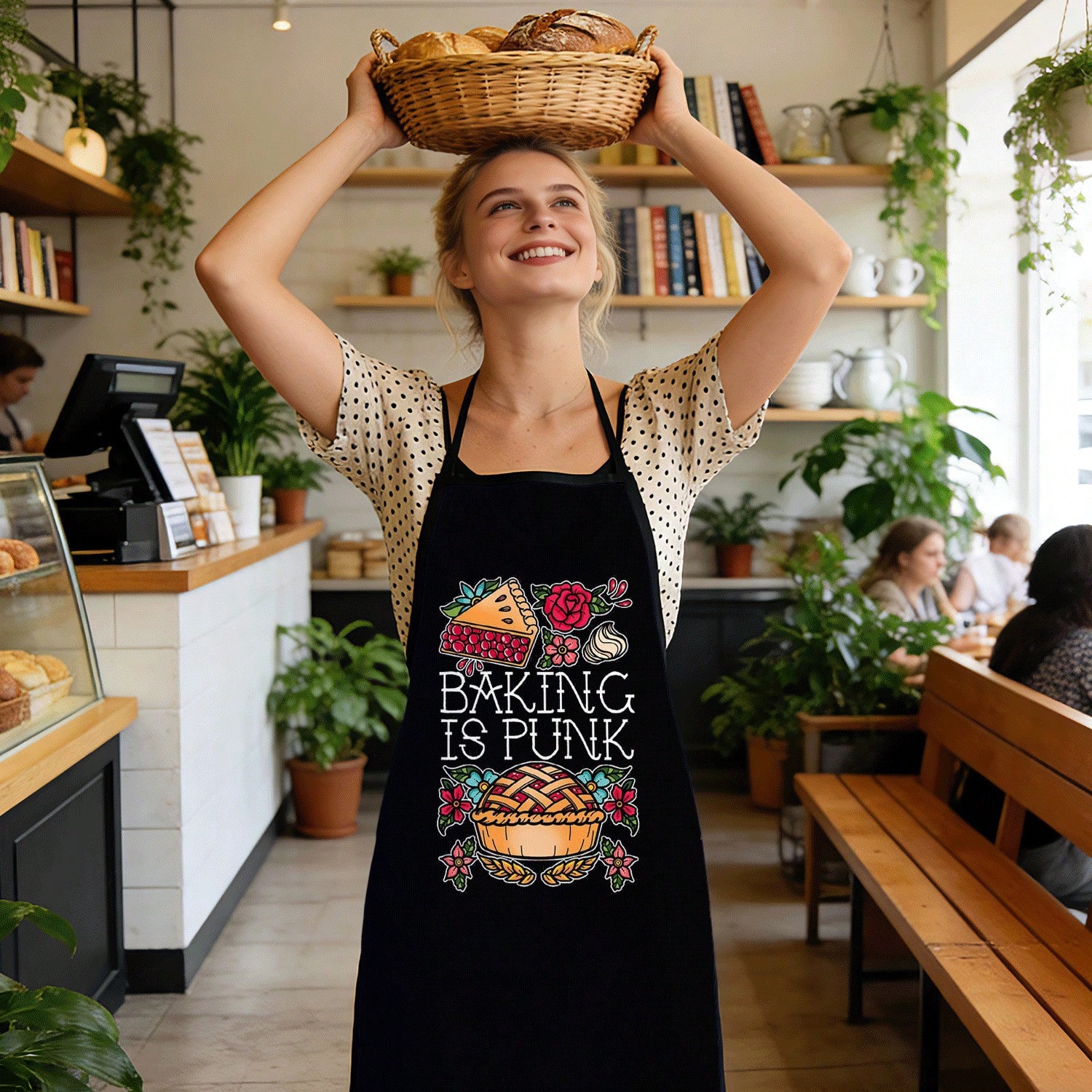 Kitchen Baking Quotes - ベーキングエプロン、「Baking Is Punk」の引用句、パイとバラのプリントキッチンエプロン、ベーカー向けノベルティギフト、ブラックコットン