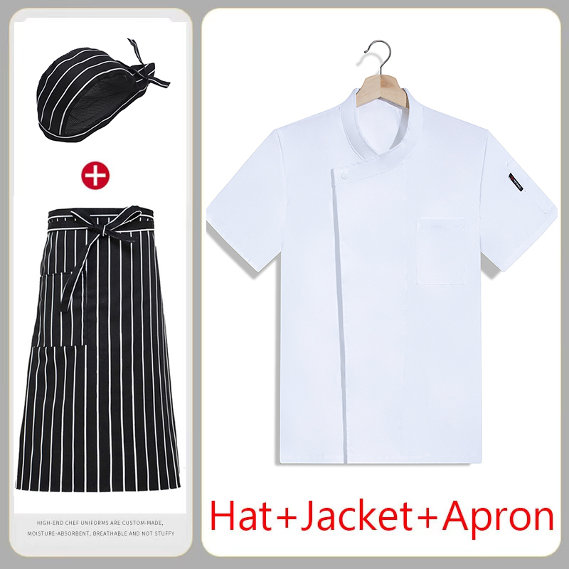 Kitchen Set Bakery - 夏シェフ制服 3 セット通気性黒白レストランキッチン作業服フードサービスベーカリーシャツエプロンキャップ