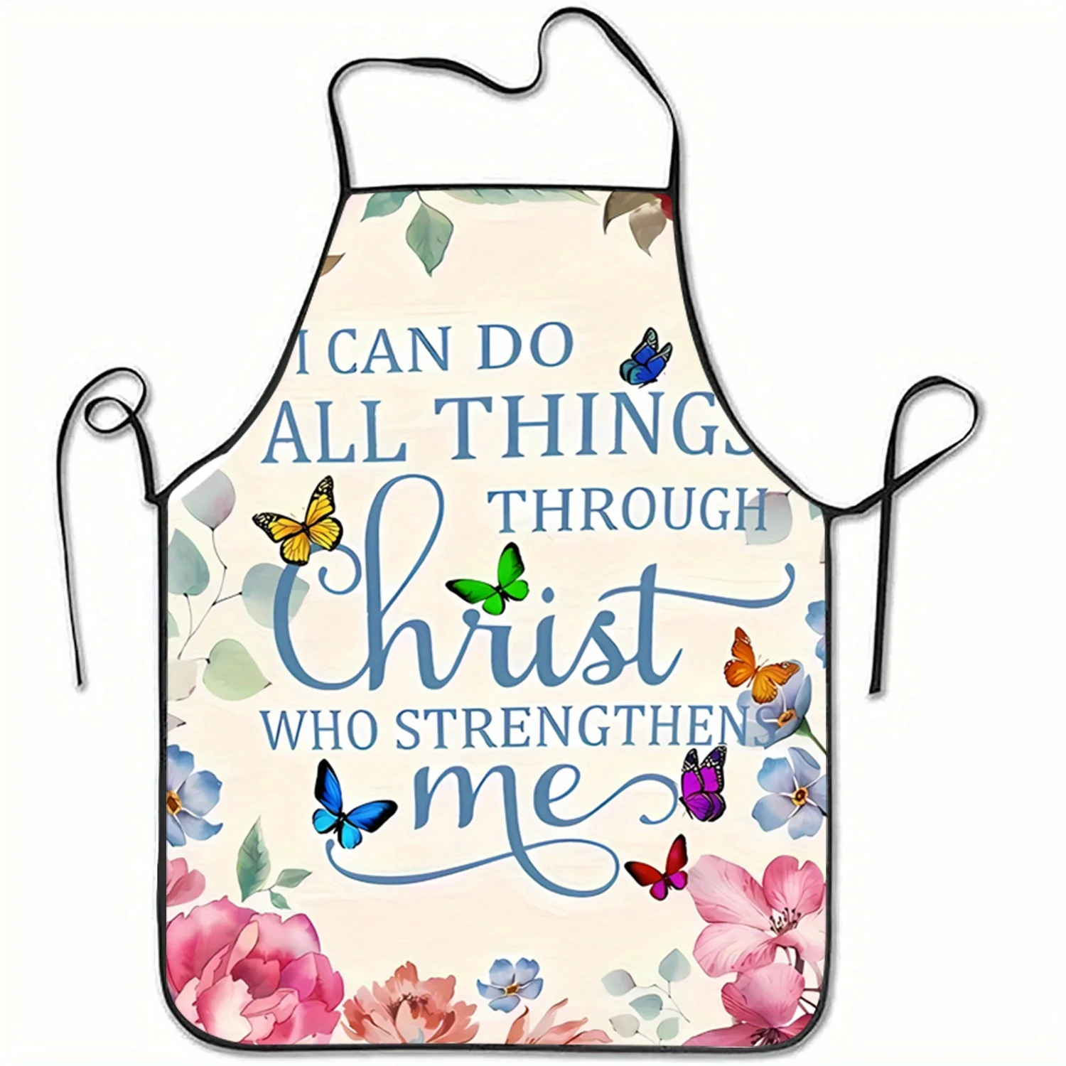 Kitchen Baking Quotes - 1pc インスピレーションを与える宗教的な引用と蝶の花柄プリントのノースリーブポリエステルエプロン、家庭のキッチンでのベーキングや料理に最適