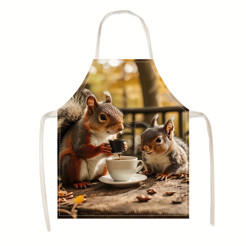 Kitchen Baking Ideas - リネンエプロン リスコーヒー風景プリント キッチン クッキング ベーキング ガーデニング