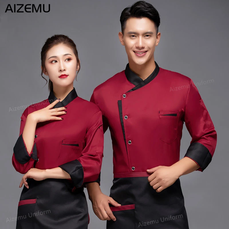 Kitchen Set Bakery - 男レストランシェフジャケット長袖カフェキッチン作業服着用ベーカリー調理コートトップス寿司シェフ制服ショートセット
