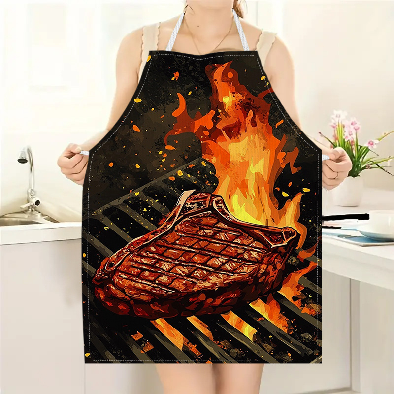 Kitchen Baking Ideas - 1枚入りBBQステーキエプロン、炎模様プリント入り、キッチン調理、ベーキング、作業着、ユニセックス、ホームシェフ、肉愛好家へのギフトに最適