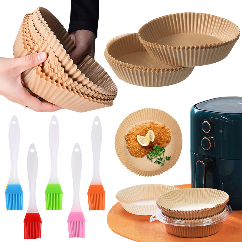 Kitchen Baking Mat - 50/100枚入り エアフライヤー用紙皿 ランダムカラー オイルブラシ付き 16cm/18cm 使い捨て